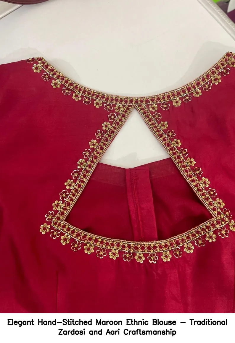 Elegant Hand-Stitched Maroon Ethnic Blouse - Traditional Zardosi and Aari Craftsmanship 3