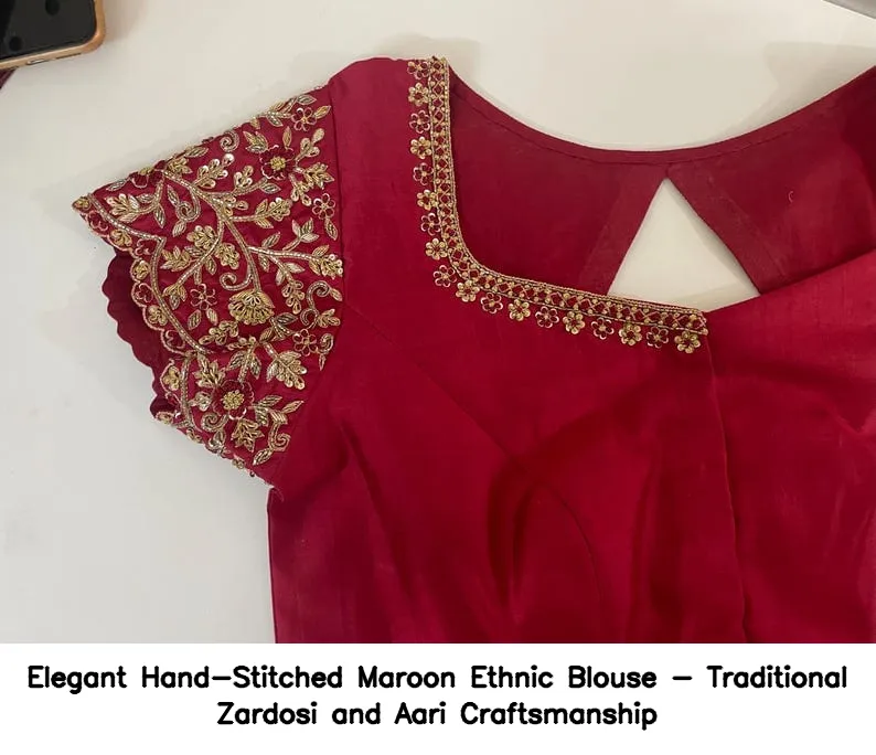Elegant Hand-Stitched Maroon Ethnic Blouse - Traditional Zardosi and Aari Craftsmanship 4