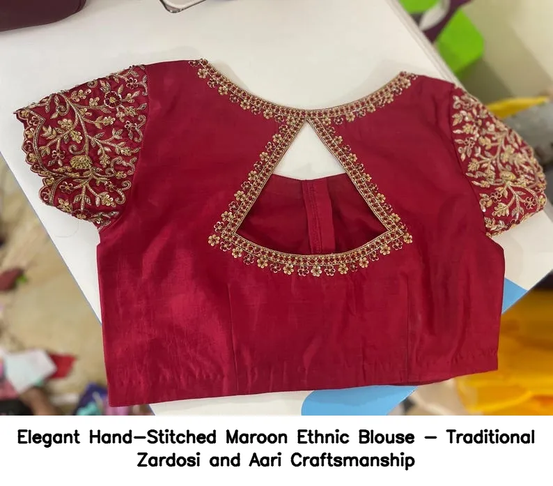Elegant Hand-Stitched Maroon Ethnic Blouse - Traditional Zardosi and Aari Craftsmanship 5