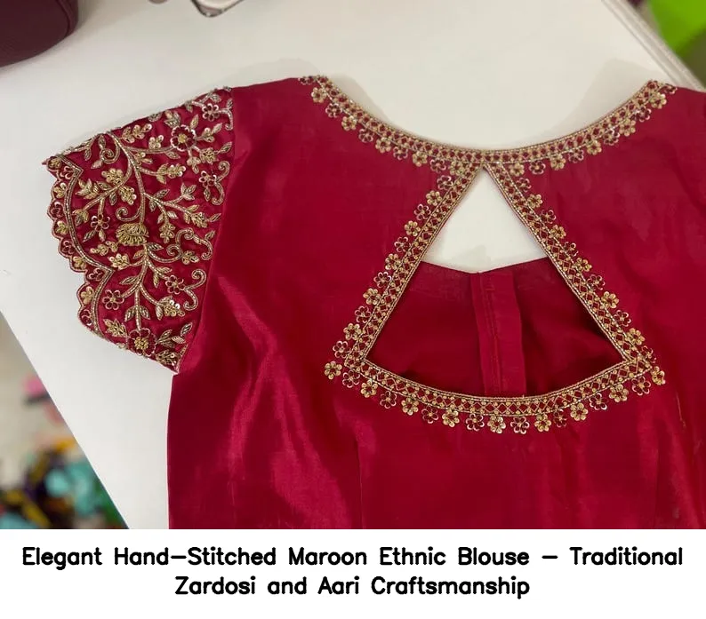 Elegant Hand-Stitched Maroon Ethnic Blouse - Traditional Zardosi and Aari Craftsmanship 6