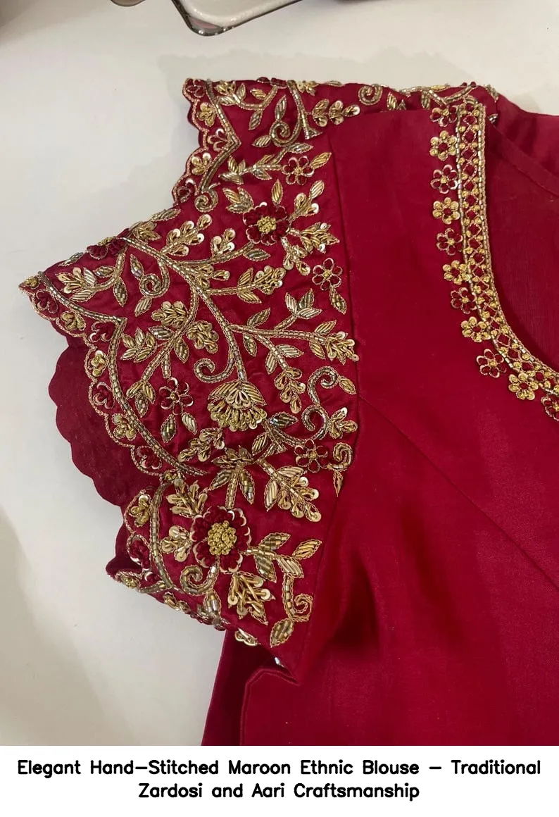Elegant Hand-Stitched Maroon Ethnic Blouse - Traditional Zardosi and Aari Craftsmanship 7