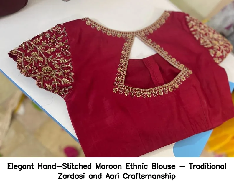 Elegant Hand-Stitched Maroon Ethnic Blouse - Traditional Zardosi and Aari Craftsmanship 8