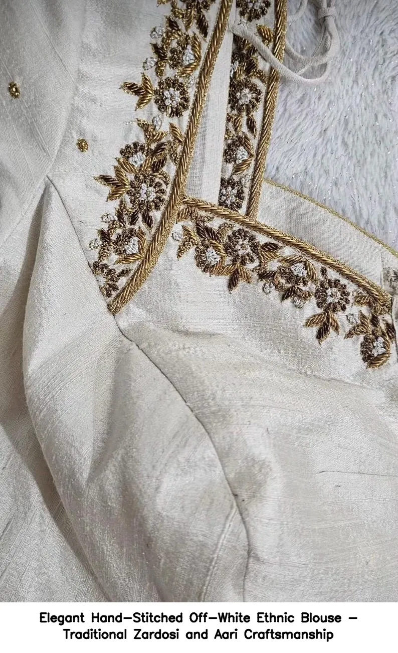 Elegant Hand-Stitched Off-White Ethnic Blouse - Traditional Zardosi and Aari Craftsmanship