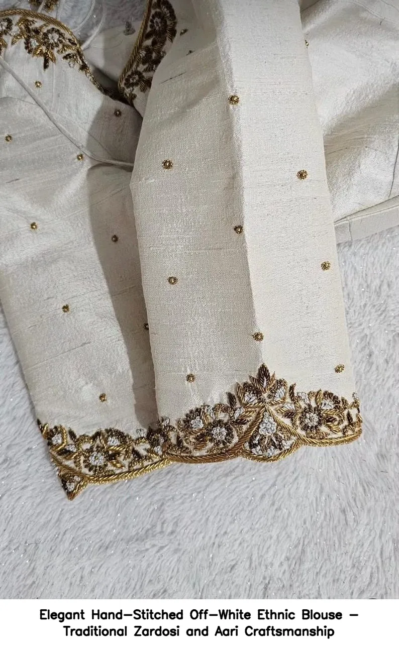 Elegant Hand-Stitched Off-White Ethnic Blouse - Traditional Zardosi and Aari Craftsmanship 3