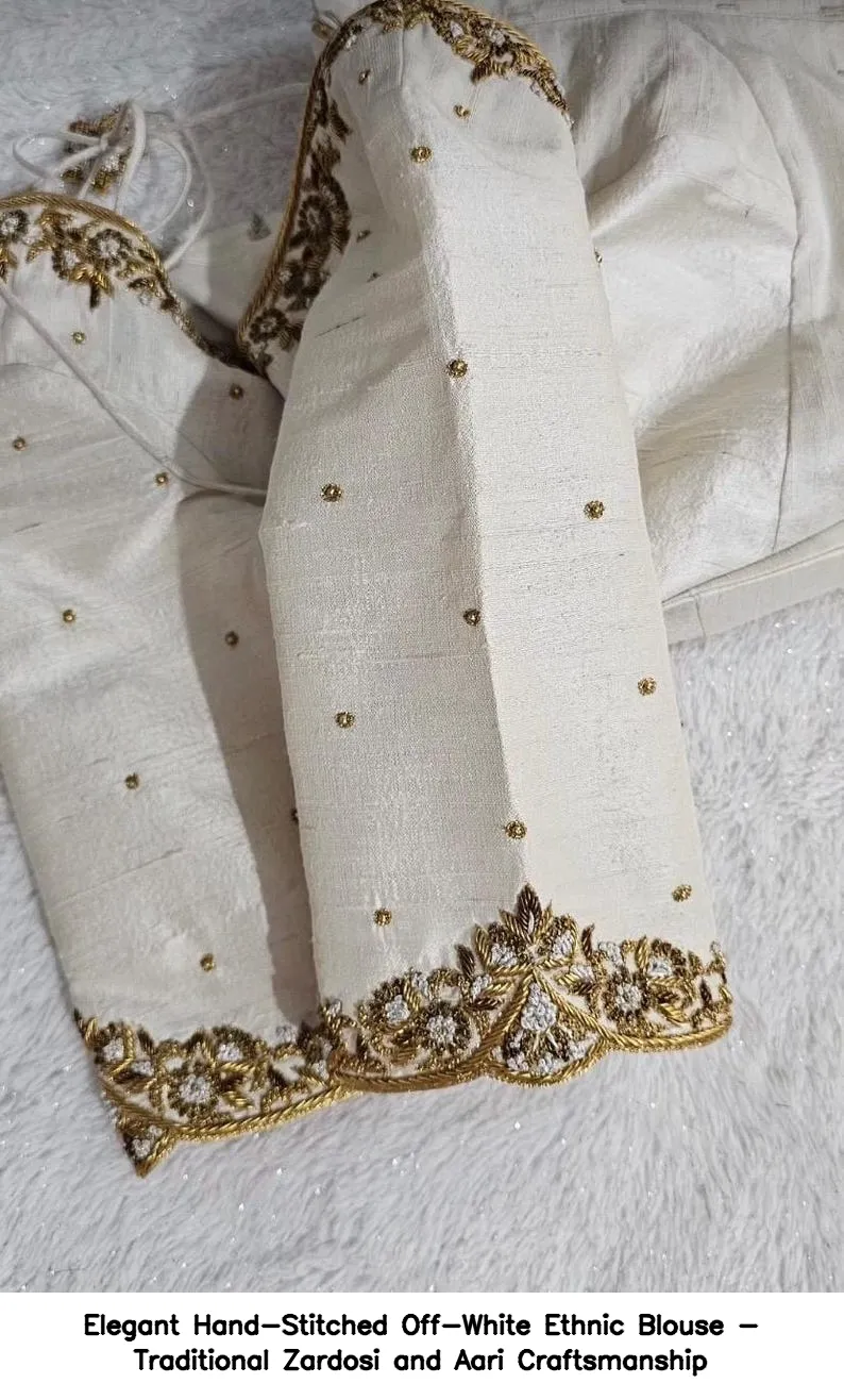 Elegant Hand-Stitched Off-White Ethnic Blouse - Traditional Zardosi and Aari Craftsmanship 4