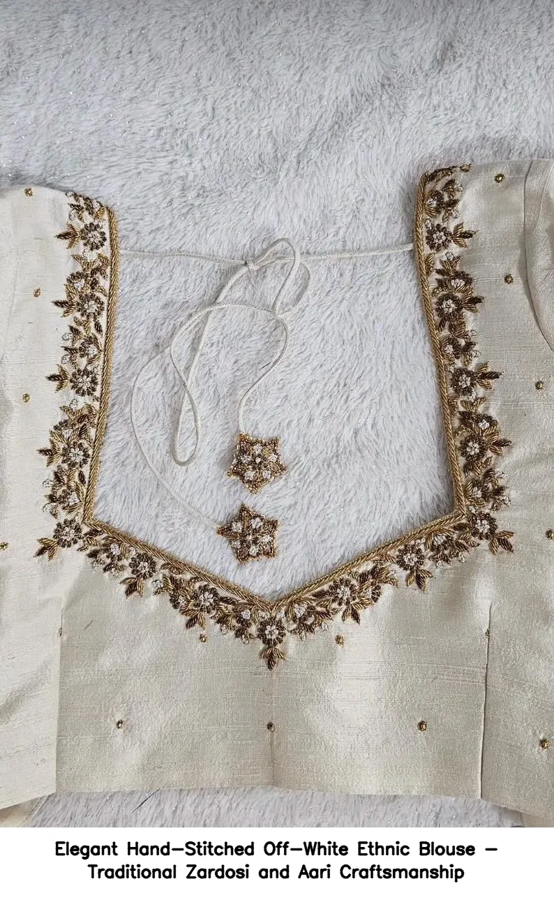 Elegant Hand-Stitched Off-White Ethnic Blouse - Traditional Zardosi and Aari Craftsmanship 5