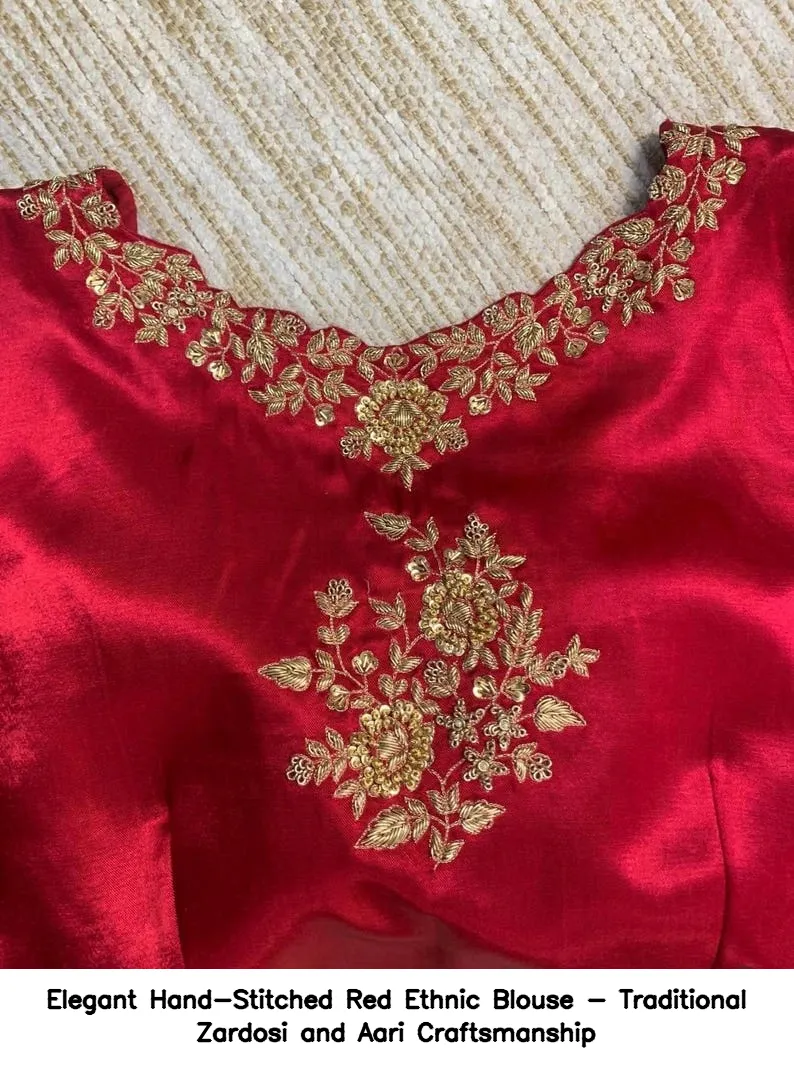 Elegant Hand-Stitched Red Ethnic Blouse - Traditional Zardosi and Aari Craftsmanship 4