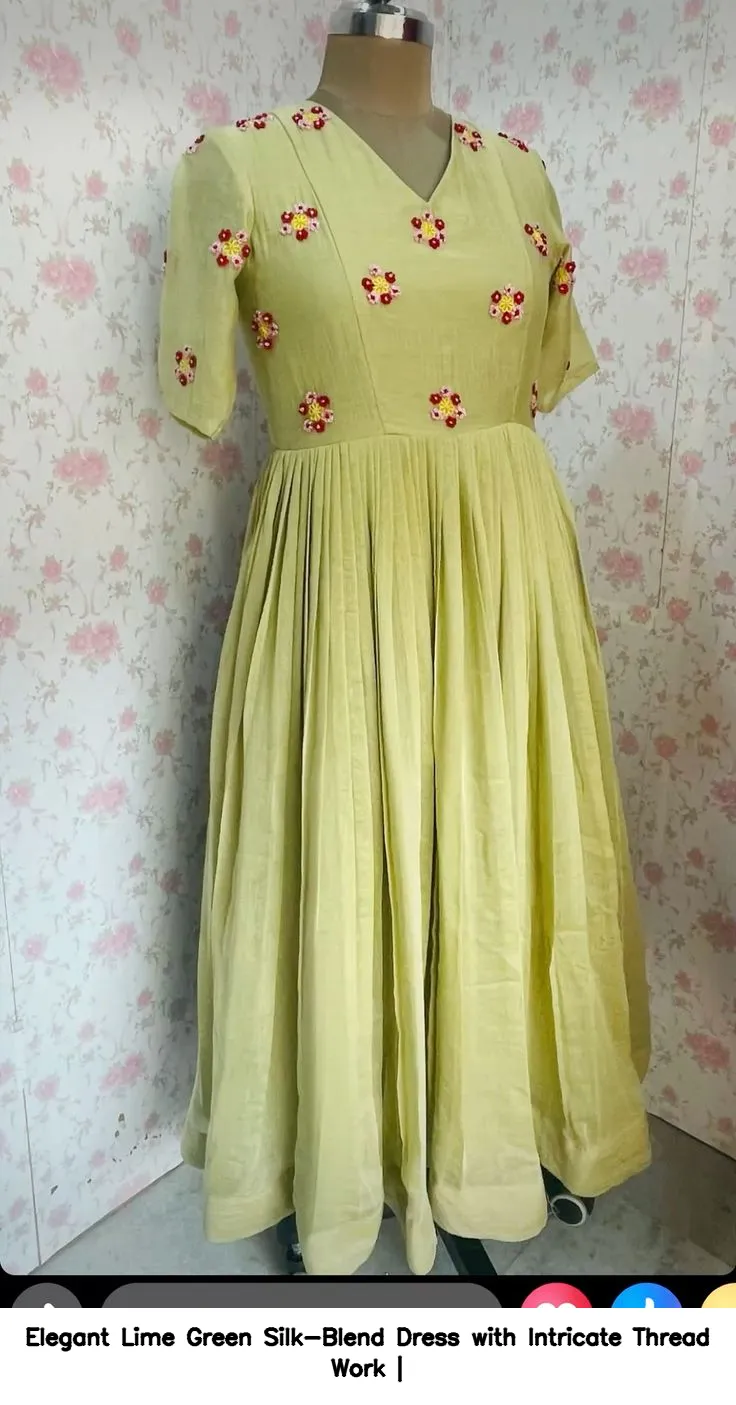 Elegant Lime Green Silk-Blend Dress with Intricate Thread Work |