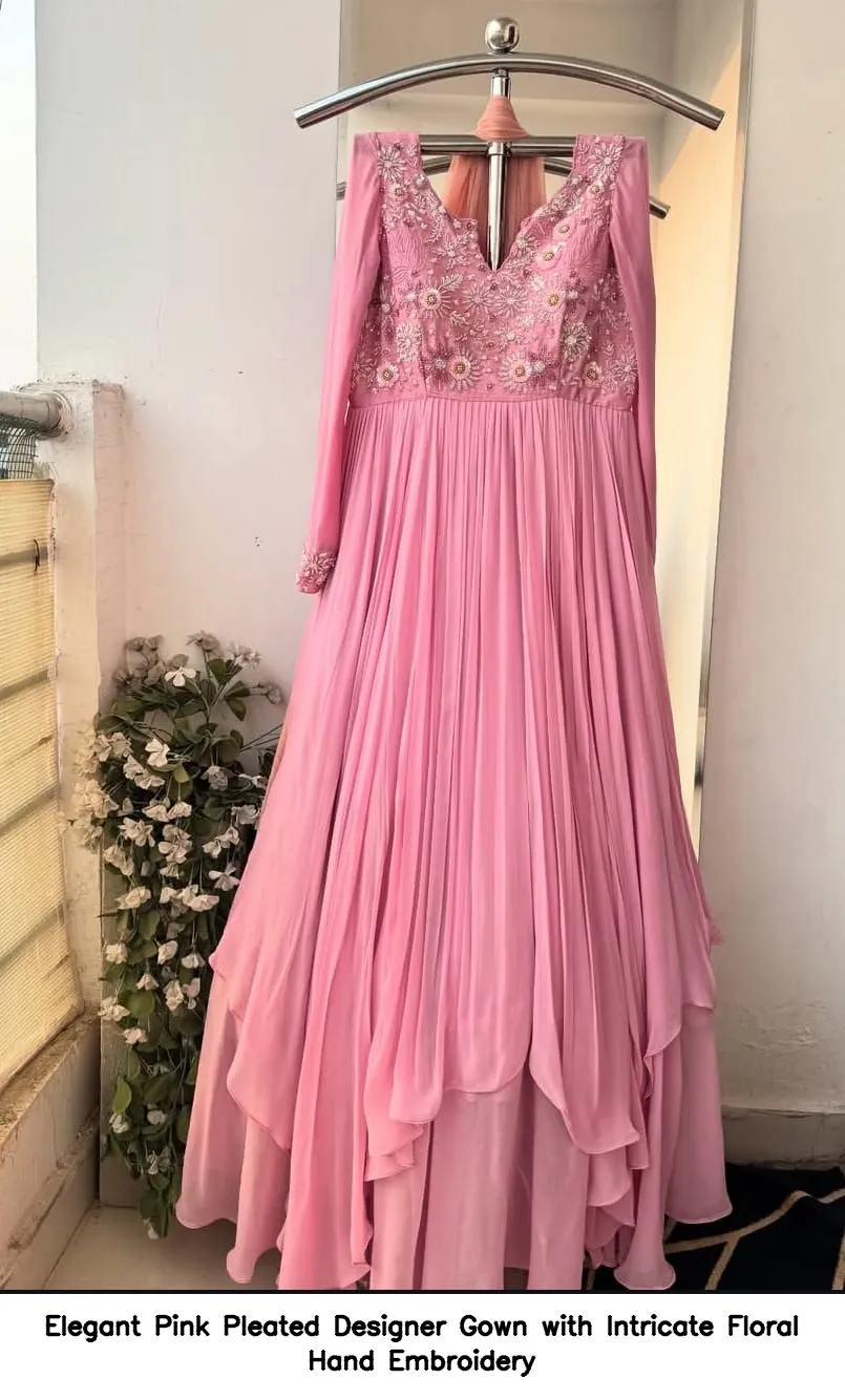 elegant pink pleated designer gown with intricate floral hand embroidery