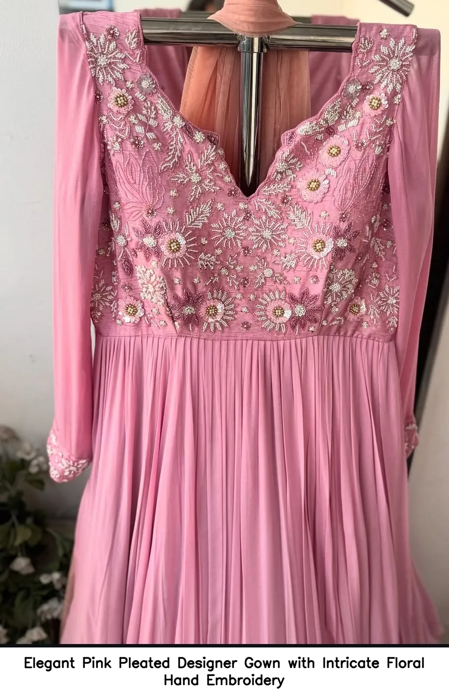 Elegant Pink Pleated Designer Gown with Intricate Floral Hand Embroidery 2