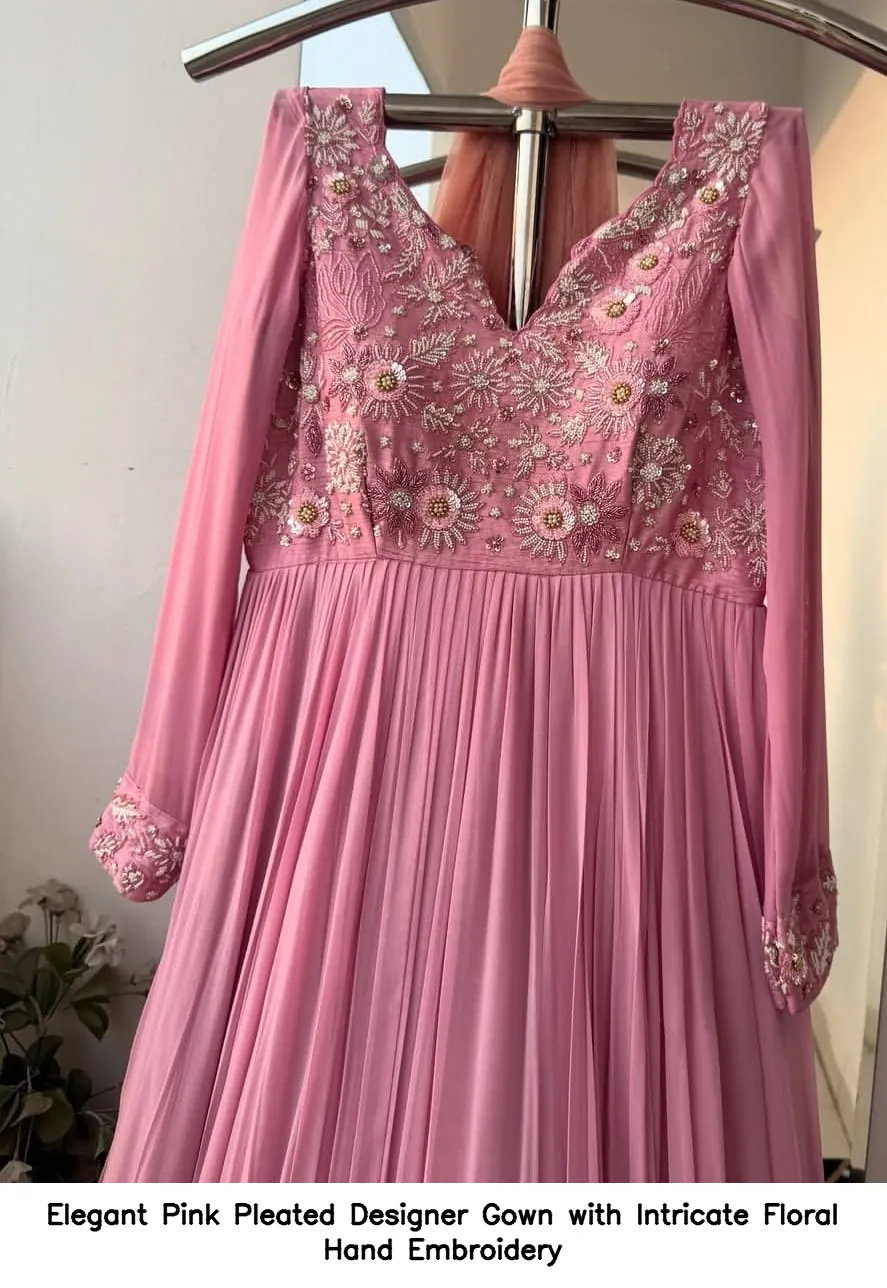 Elegant Pink Pleated Designer Gown with Intricate Floral Hand Embroidery 4