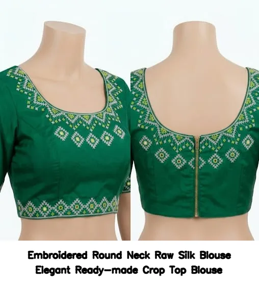 Embroidered Round Neck Raw Silk Blouse – Elegant Ready-made Crop Top Blouse