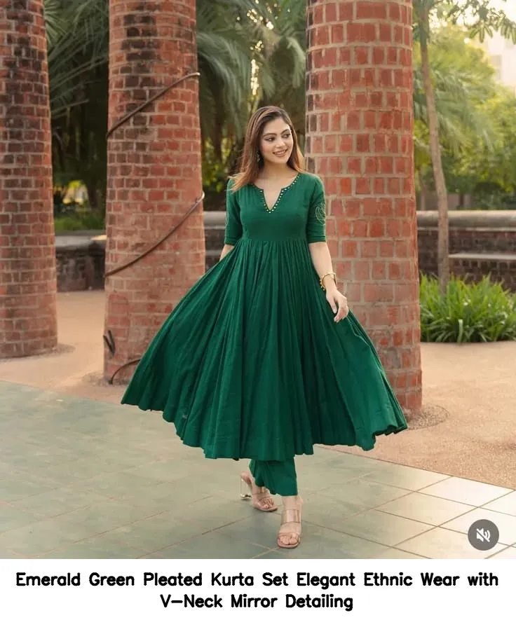 Emerald Green Pleated Kurta Set – Elegant Ethnic Wear with V-Neck Mirror Detailing