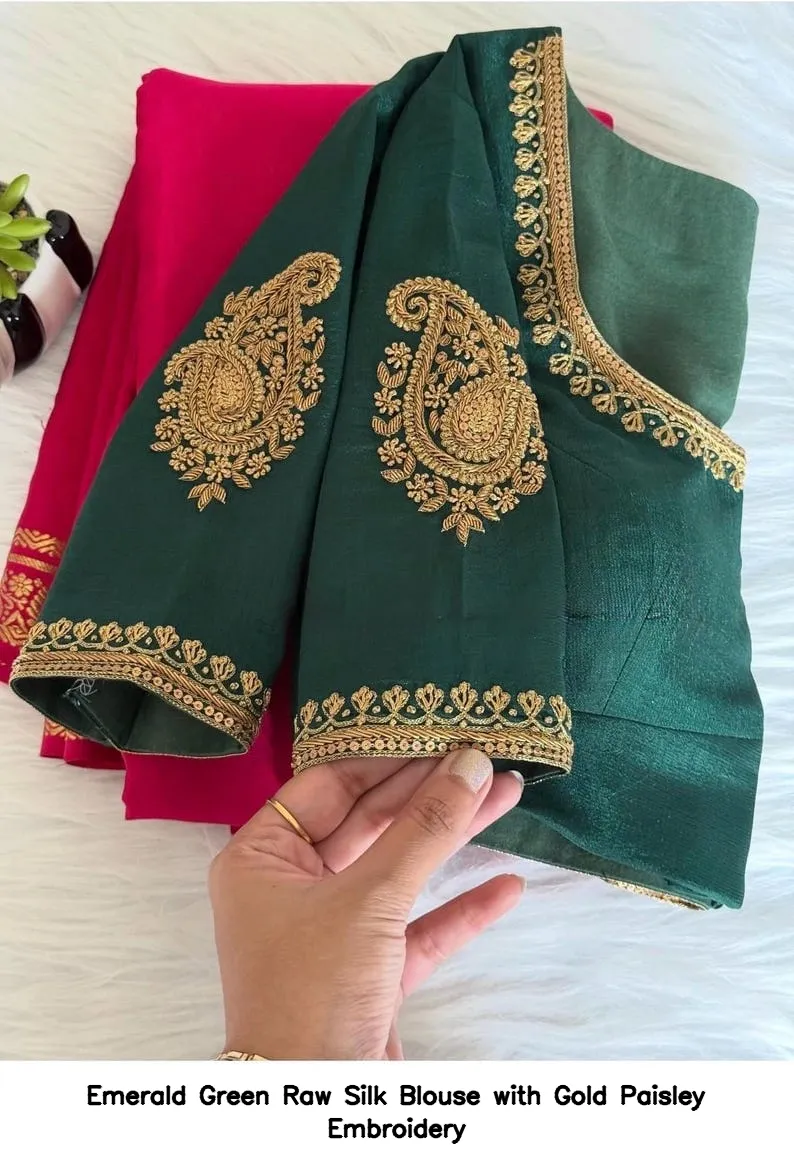 Emerald Green Raw Silk Blouse with Gold Paisley Embroidery