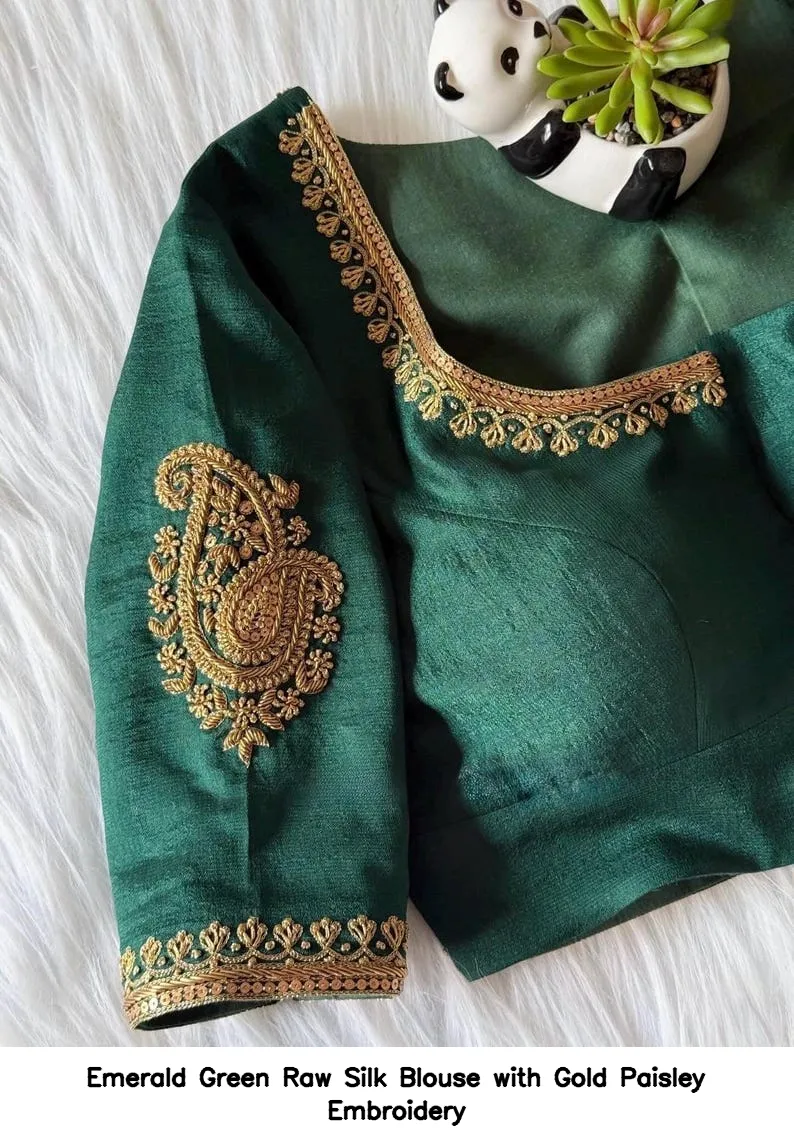 Emerald Green Raw Silk Blouse with Gold Paisley Embroidery 2