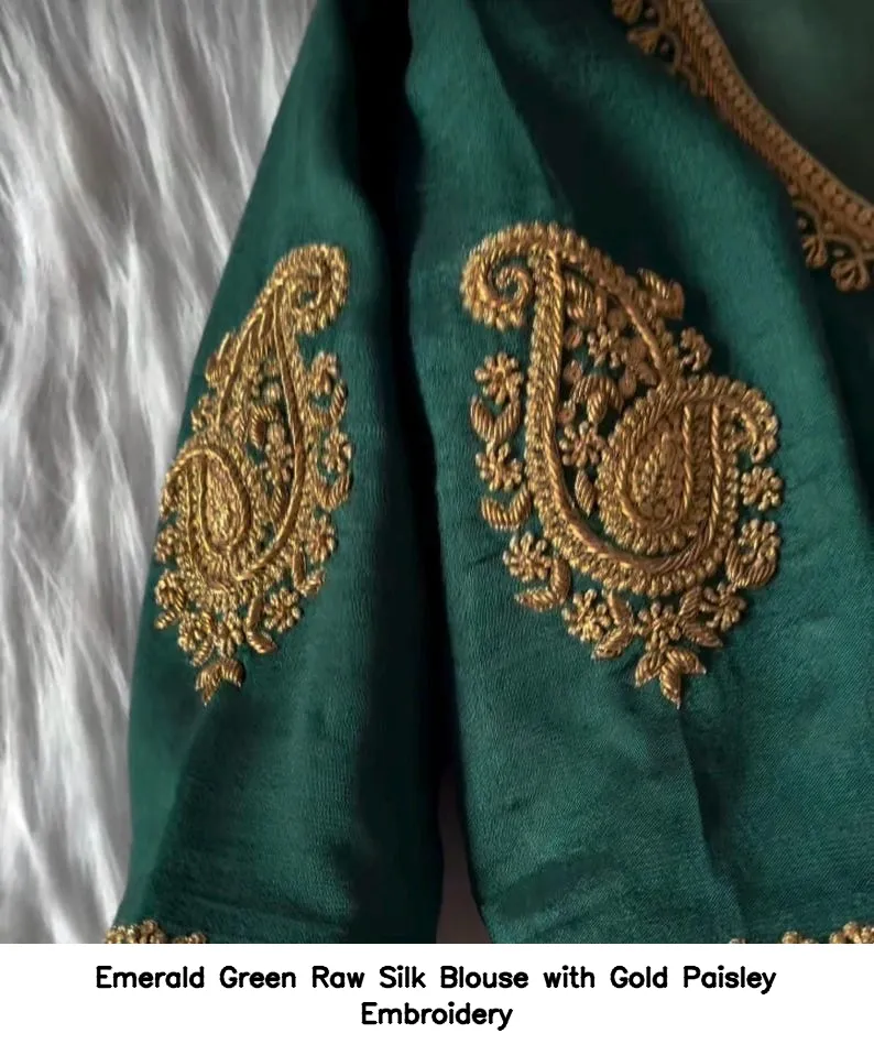 Emerald Green Raw Silk Blouse with Gold Paisley Embroidery 3