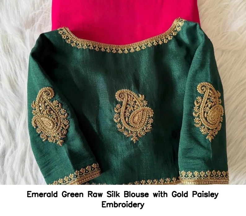 Emerald Green Raw Silk Blouse with Gold Paisley Embroidery 4