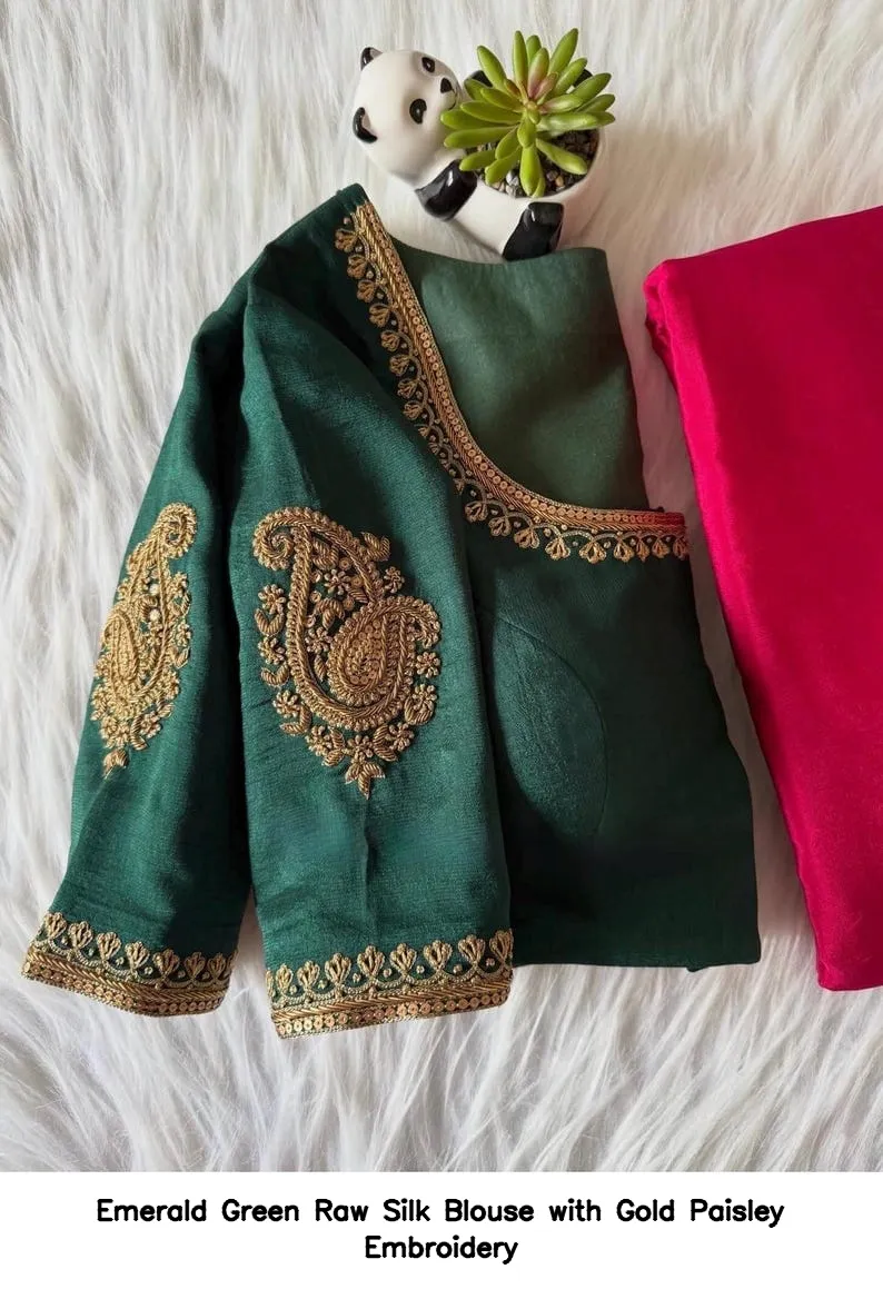 Emerald Green Raw Silk Blouse with Gold Paisley Embroidery 6