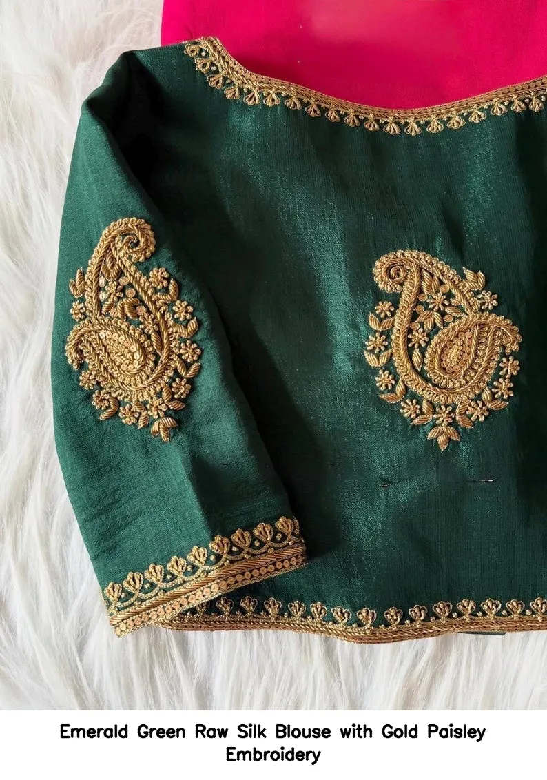 Emerald Green Raw Silk Blouse with Gold Paisley Embroidery 7