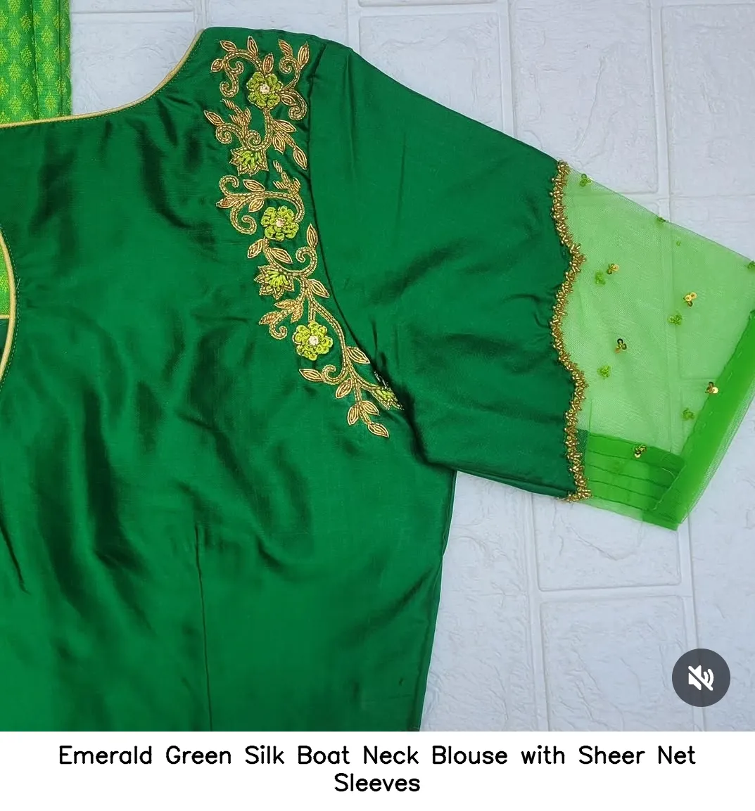 Emerald Green Silk Boat Neck Blouse with Sheer Net Sleeves