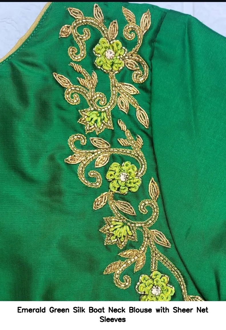 Emerald Green Silk Boat Neck Blouse with Sheer Net Sleeves