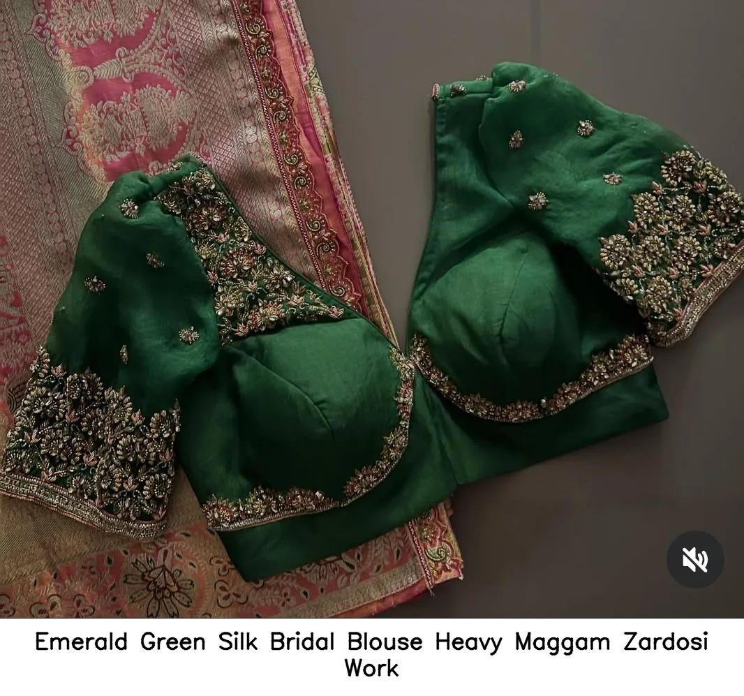 Emerald Green Silk Bridal Blouse Heavy Maggam Zardosi Work