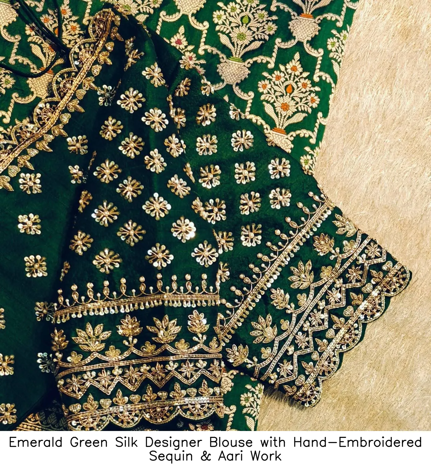 Emerald Green Silk Designer Blouse with Hand-Embroidered Sequin & Aari Work