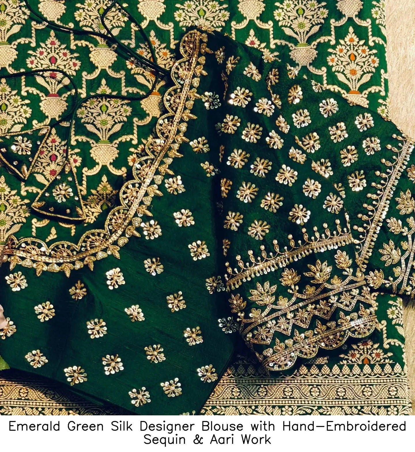 Emerald Green Silk Designer Blouse with Hand-Embroidered Sequin & Aari Work 2