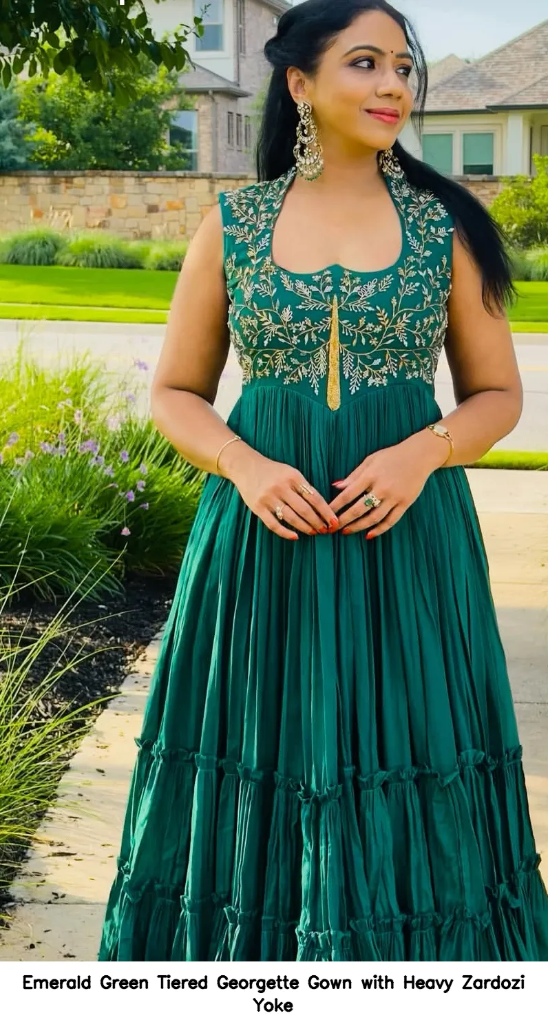 Emerald Green Tiered Georgette Gown with Heavy Zardozi Yoke