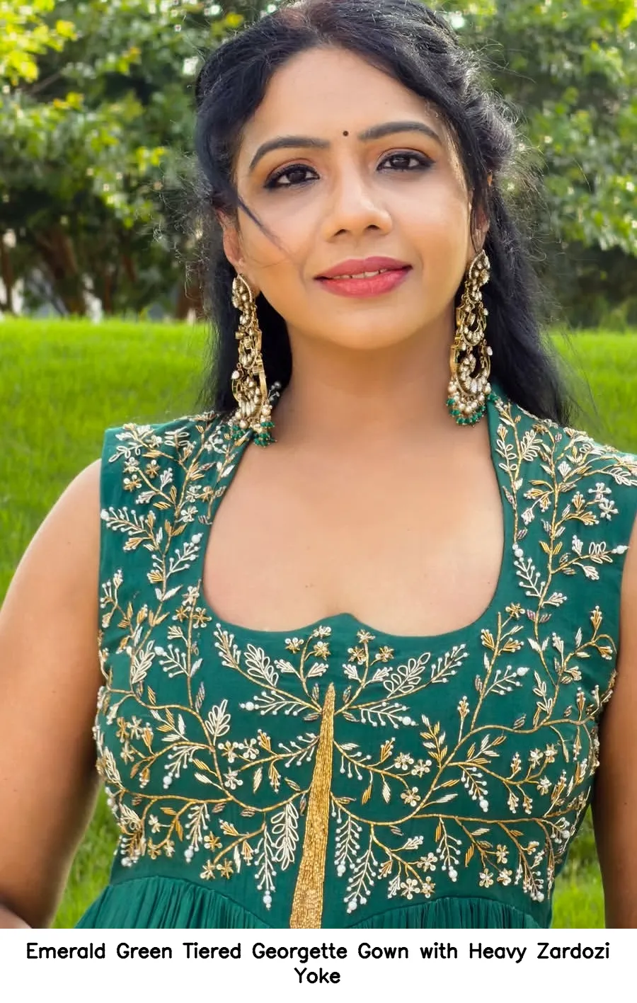 Emerald Green Tiered Georgette Gown with Heavy Zardozi Yoke