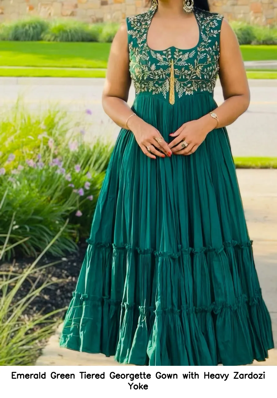 Emerald Green Tiered Georgette Gown with Heavy Zardozi Yoke