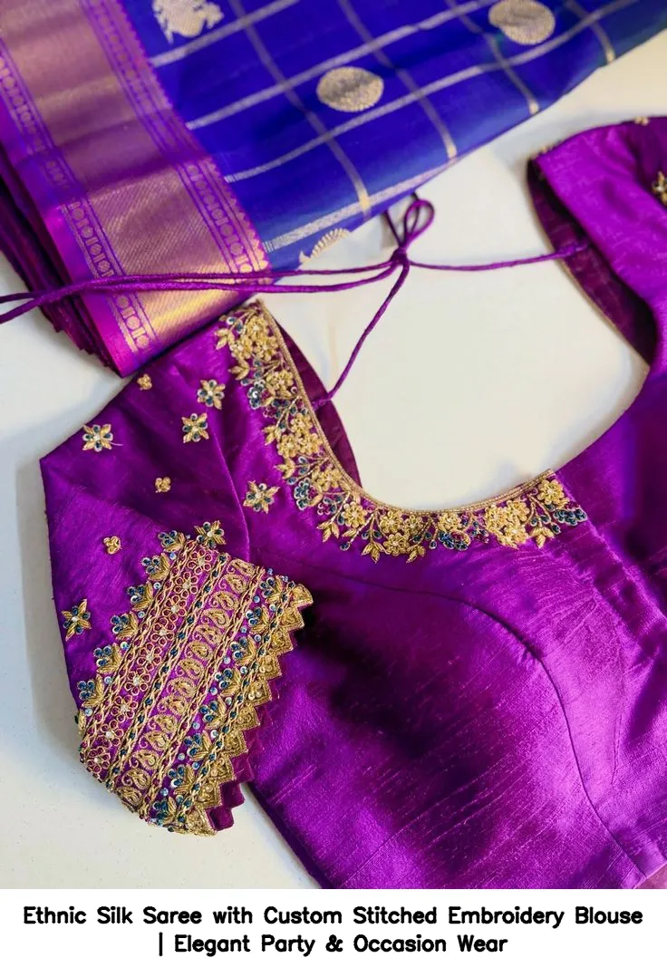 Ethnic Silk Saree with Custom Stitched Embroidery Blouse | Elegant Party & Occasion Wear