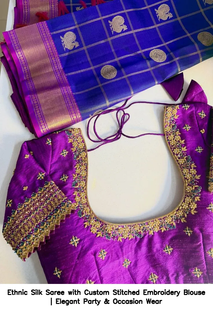 Ethnic Silk Saree with Custom Stitched Embroidery Blouse | Elegant Party & Occasion Wear