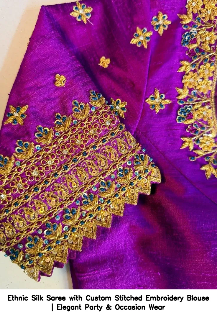 Ethnic Silk Saree with Custom Stitched Embroidery Blouse | Elegant Party & Occasion Wear