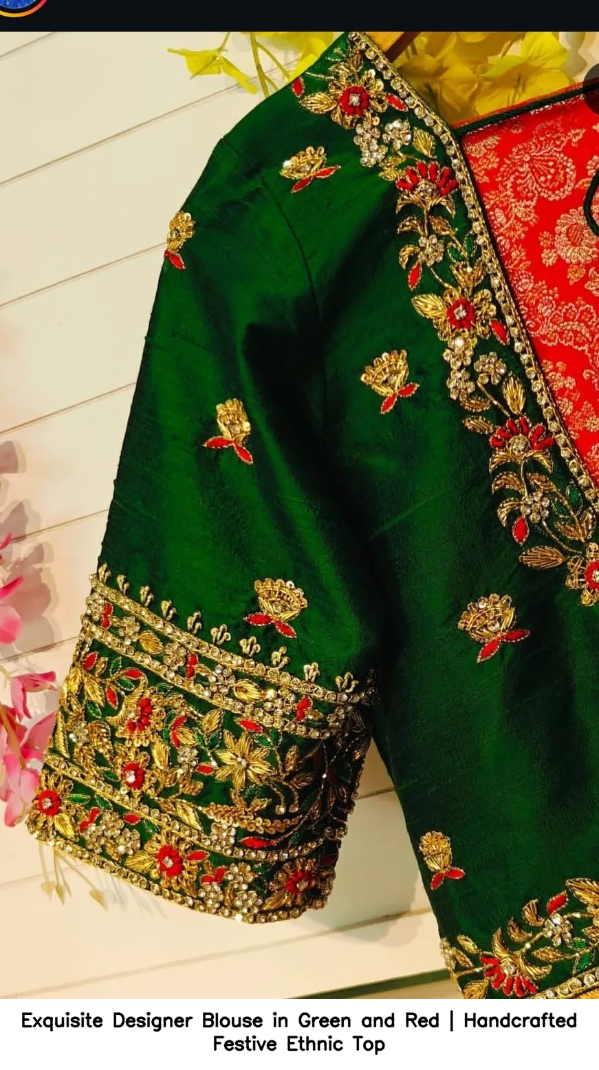 Exquisite Designer Blouse in Green and Red | Handcrafted Festive Ethnic Top