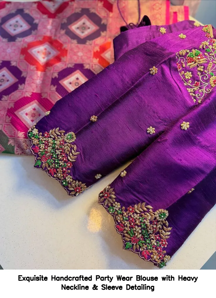 Exquisite Handcrafted Party Wear Blouse with Heavy Neckline & Sleeve Detailing
