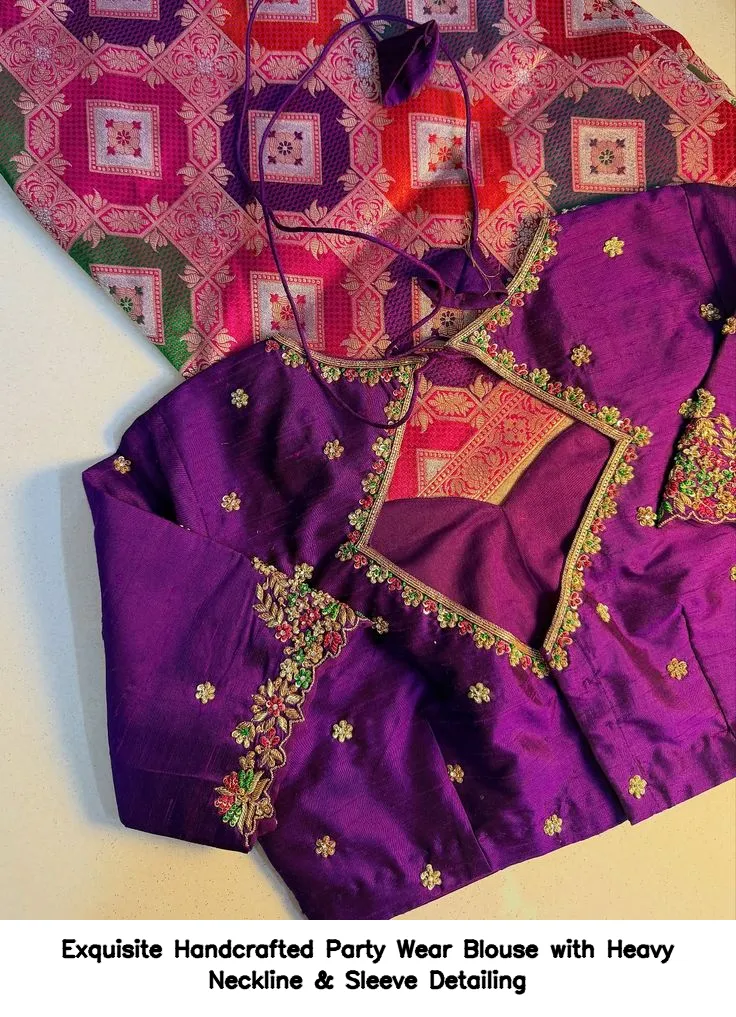 Exquisite Handcrafted Party Wear Blouse with Heavy Neckline & Sleeve Detailing