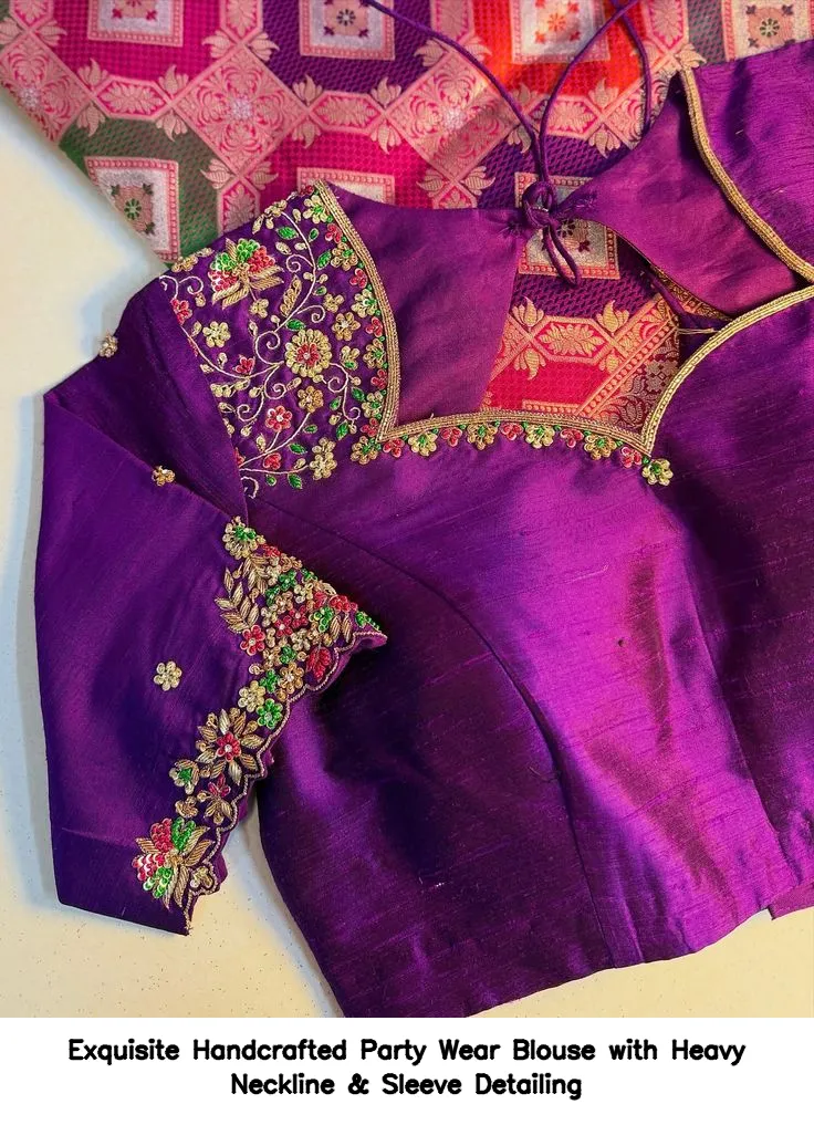 Exquisite Handcrafted Party Wear Blouse with Heavy Neckline & Sleeve Detailing