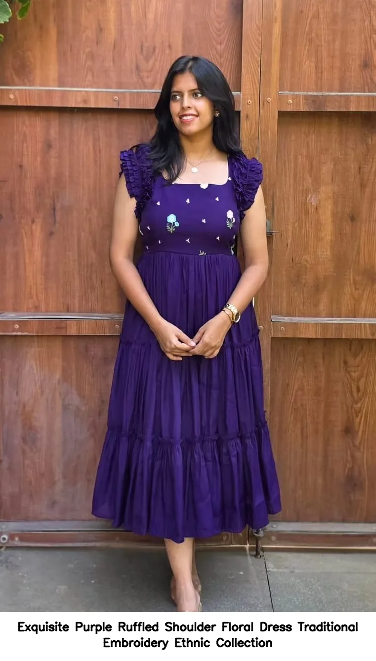 Exquisite Purple Ruffled Shoulder Floral Dress – Traditional Embroidery Ethnic Collection 1