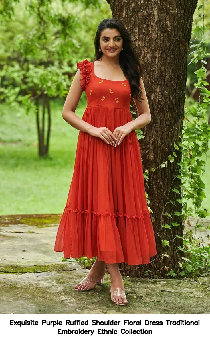 Exquisite Purple Ruffled Shoulder Floral Dress – Traditional Embroidery Ethnic Collection 2
