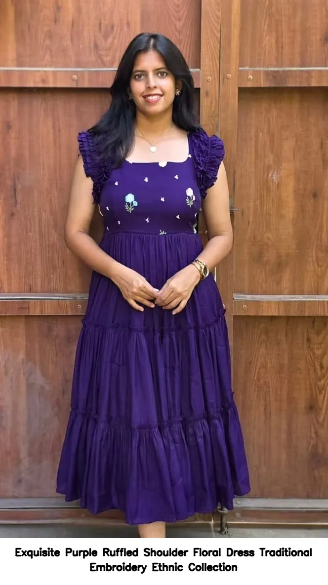 Exquisite Purple Ruffled Shoulder Floral Dress – Traditional Embroidery Ethnic Collection 4