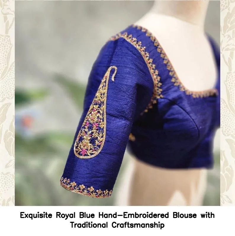 Exquisite Royal Blue Hand-Embroidered Blouse with Traditional Craftsmanship