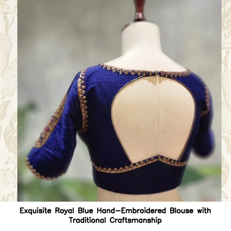 Exquisite Royal Blue Hand-Embroidered Blouse with Traditional Craftsmanship