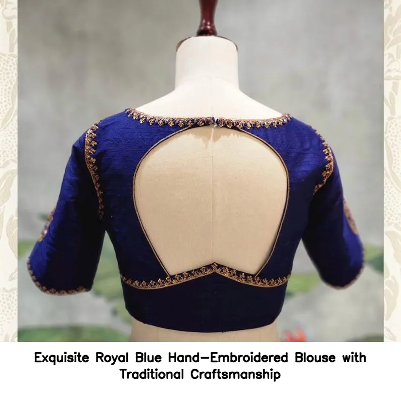 Exquisite Royal Blue Hand-Embroidered Blouse with Traditional Craftsmanship