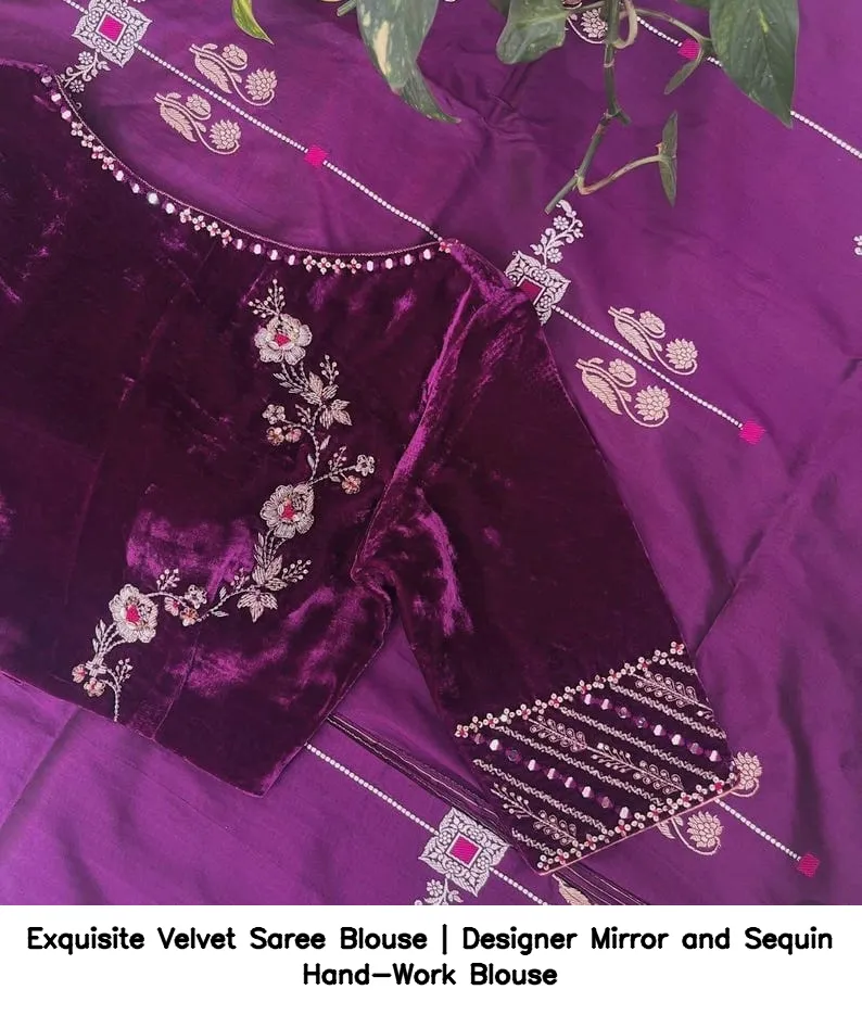 Exquisite Velvet Saree Blouse | Designer Mirror and Sequin Hand-Work Blouse 11