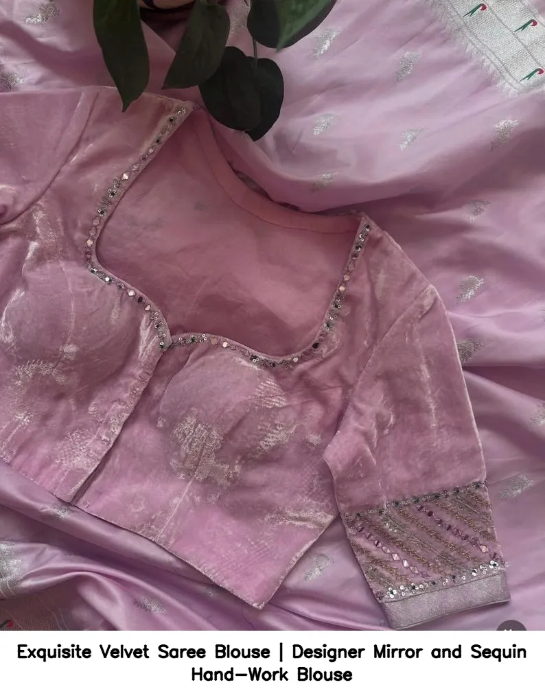 Exquisite Velvet Saree Blouse | Designer Mirror and Sequin Hand-Work Blouse 4