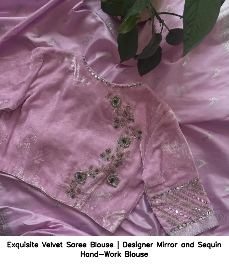 Exquisite Velvet Saree Blouse | Designer Mirror and Sequin Hand-Work Blouse 5