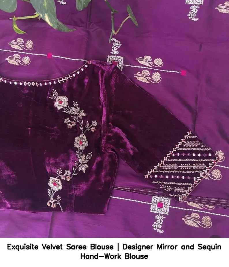 Exquisite Velvet Saree Blouse | Designer Mirror and Sequin Hand-Work Blouse 6