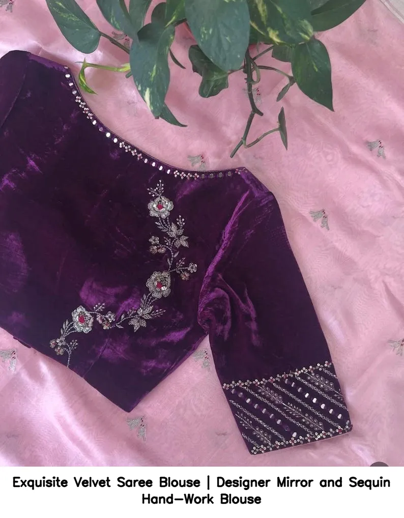 Exquisite Velvet Saree Blouse | Designer Mirror and Sequin Hand-Work Blouse 7