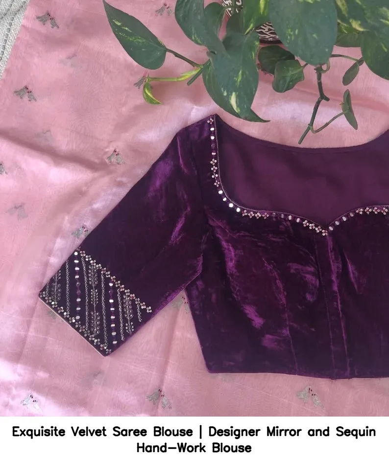 Exquisite Velvet Saree Blouse | Designer Mirror and Sequin Hand-Work Blouse 8
